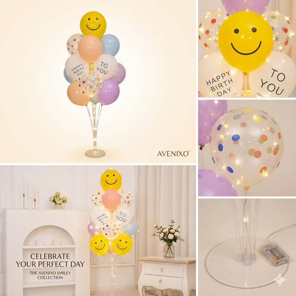 AVENIXO® Helium-Free Balloon Tower Kit - LED Glowing Party Stand with Heart, Star or Smiley.