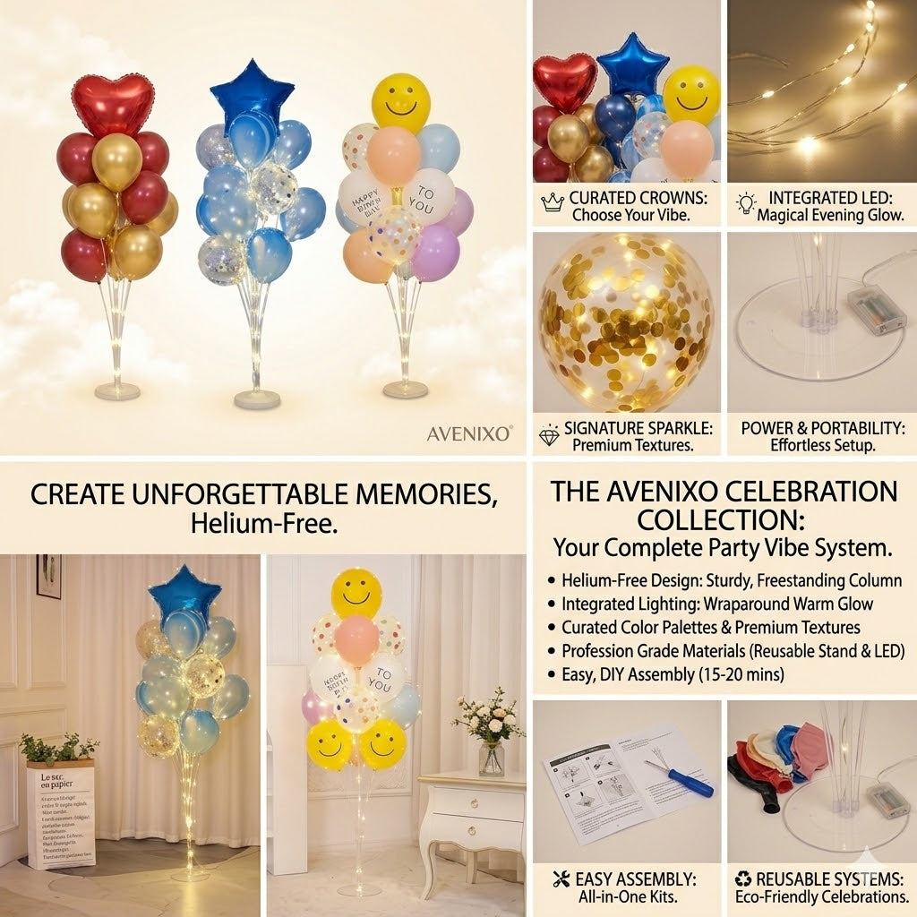 AVENIXO® Helium-Free Balloon Tower Kit - LED Glowing Party Stand with Heart, Star or Smiley.