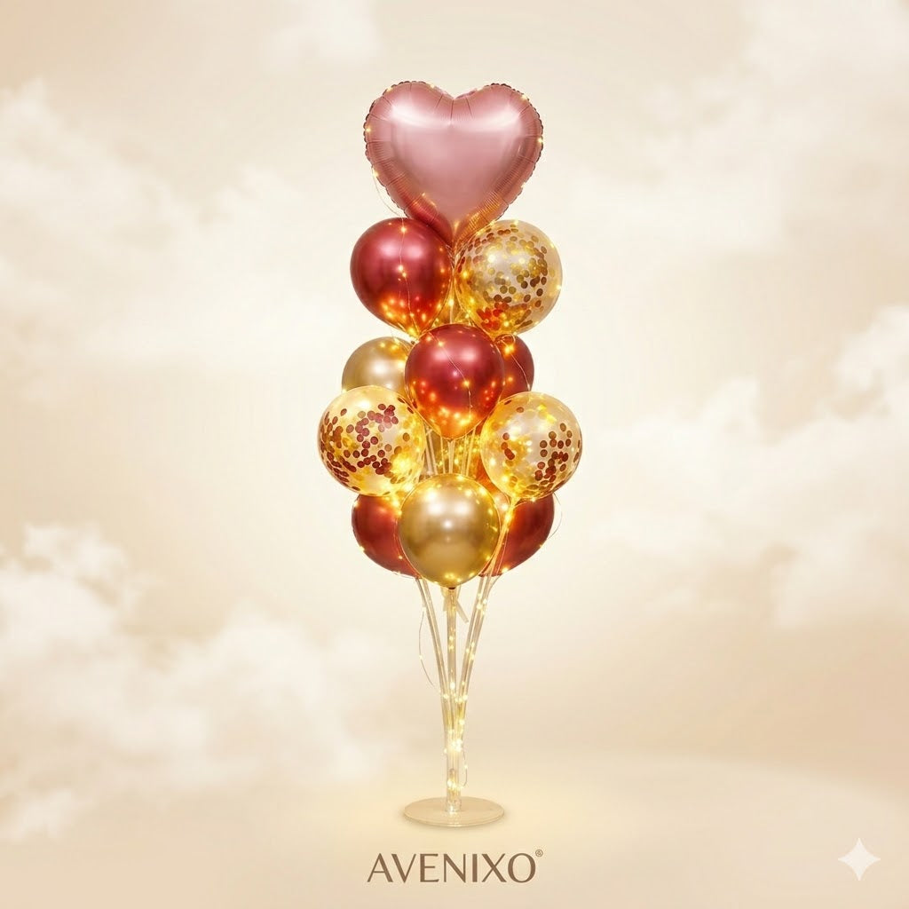 AVENIXO® Helium-Free Balloon Tower Kit - LED Glowing Party Stand with Heart, Star or Smiley.