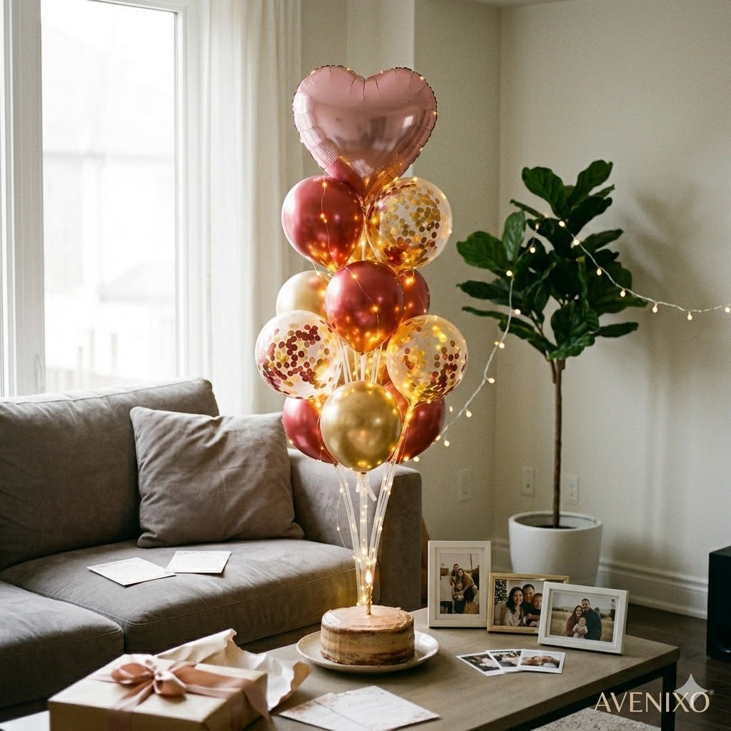 AVENIXO® Helium-Free Balloon Tower Kit - LED Glowing Party Stand with Heart, Star or Smiley.